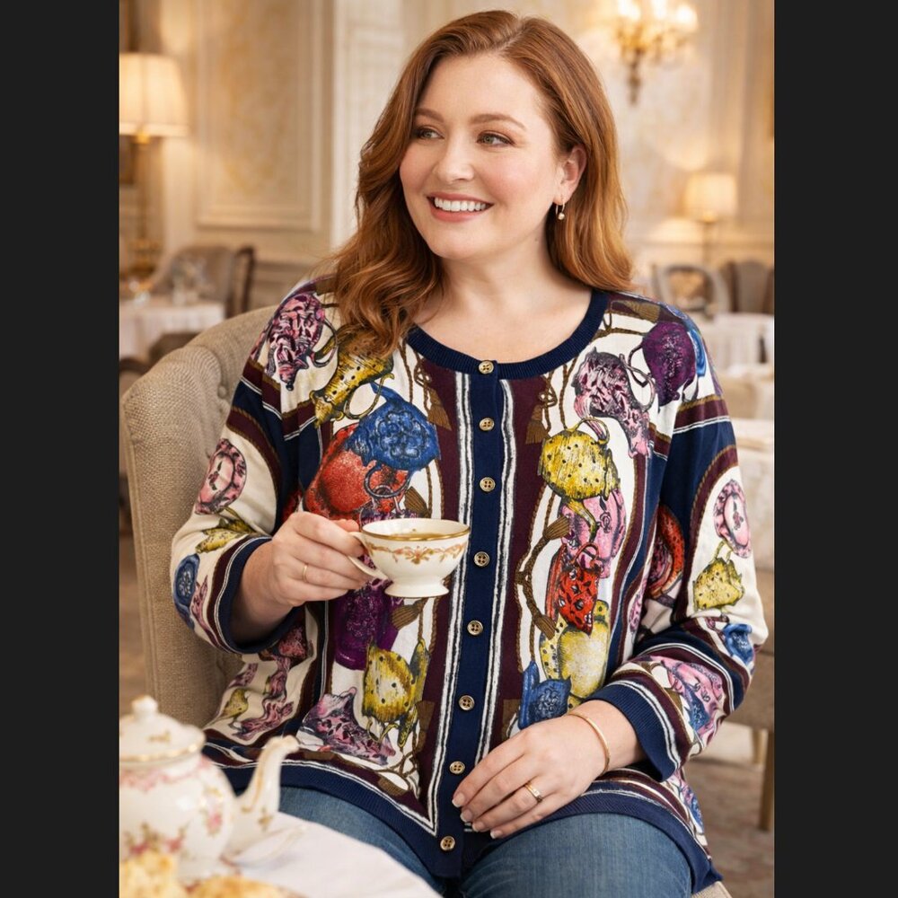 Talbots Tea Party Cardigan 3XP Petite Teacup Teapot Novelty Sweater Cottage NWT